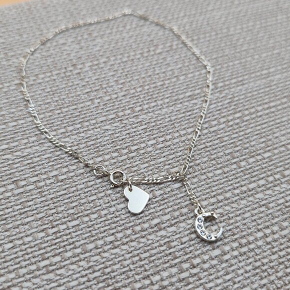 10 Inch Sterling Silver Crystal Letter C Figaro Ankle Bracelet A5212 - Picture 2 of 5